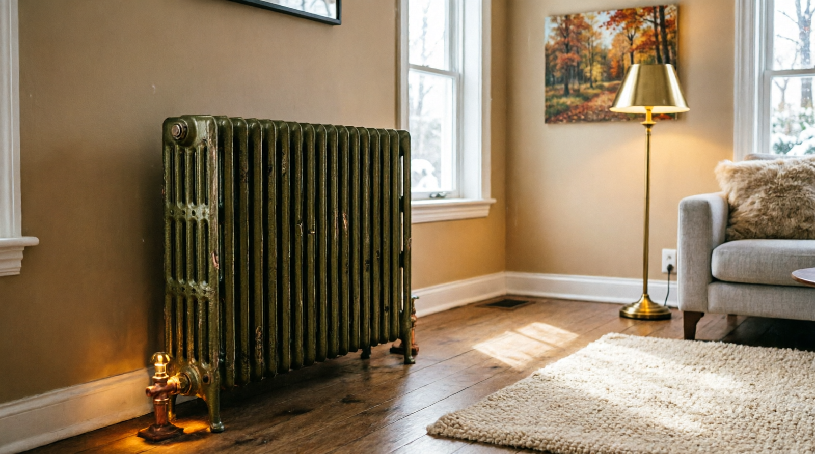 Radiateur domestique installé dans un salon lumineux