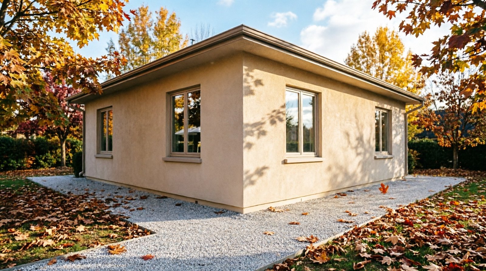 Façade de maison en automne avec le pied du mur dégagé