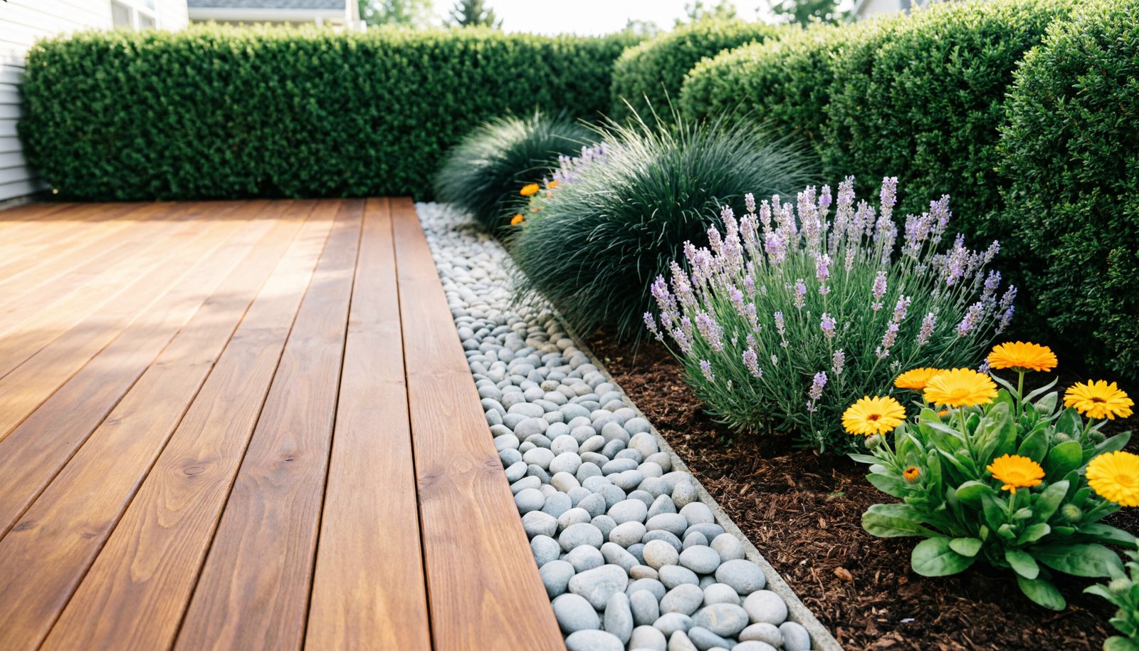Bordure de galets le long d'une terrasse en bois