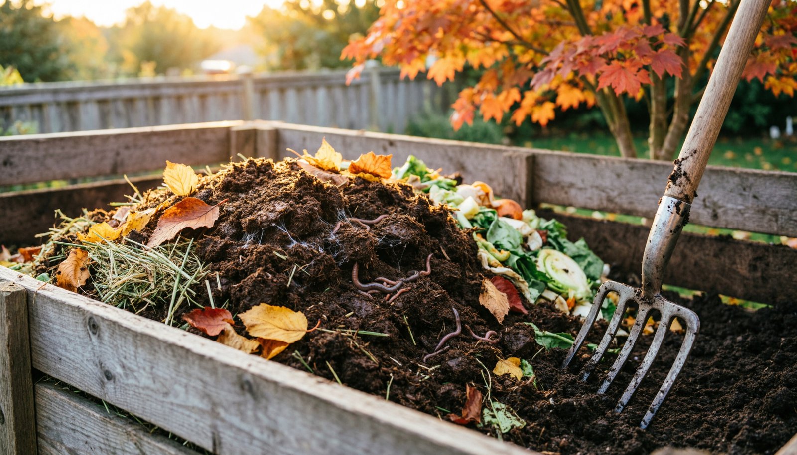 Tas de compost avec des feuilles mortes en automne