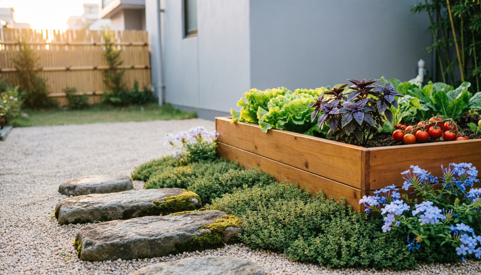 Petit jardin aménagé sans pelouse, avec gravier et couvre-sol