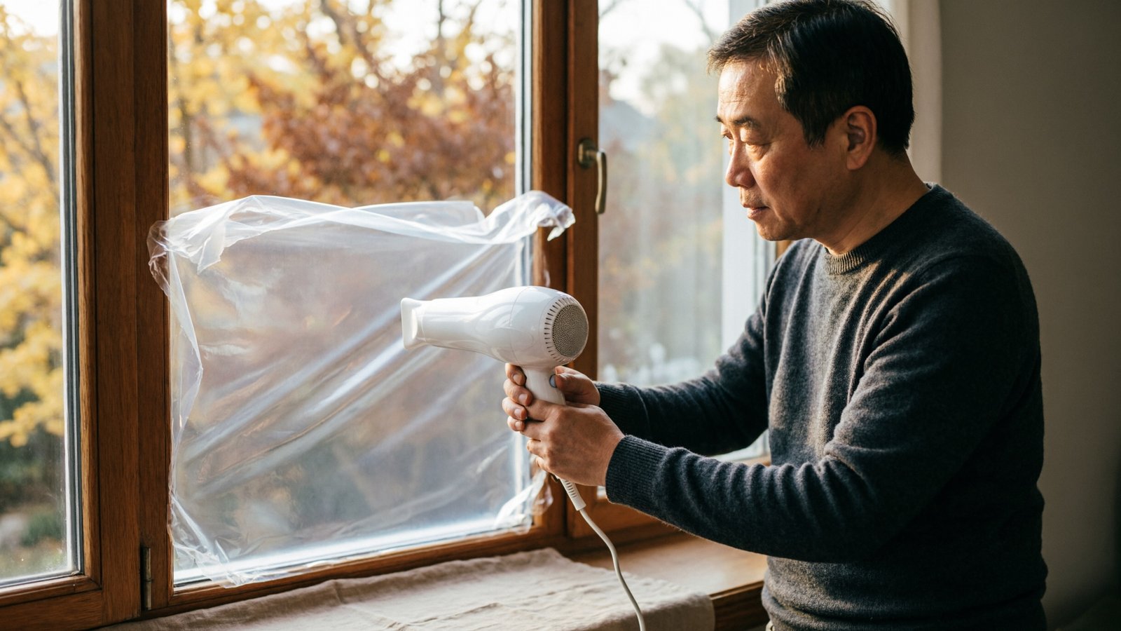 Un homme applique un film plastique isolant sur une fenêtre avec un sèche-cheveux