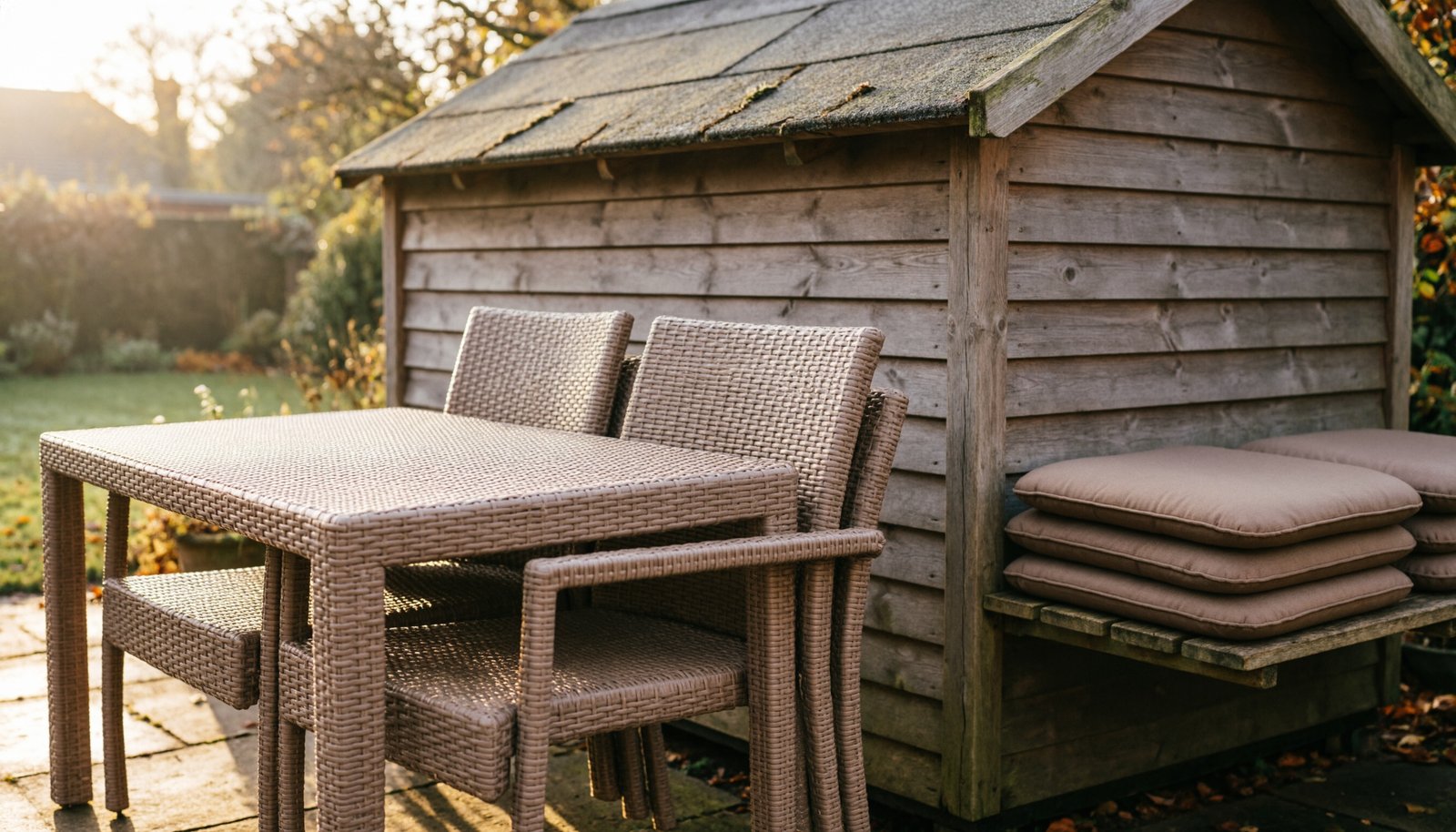 Mobilier de jardin nettoyé et rangé avant l'hiver
