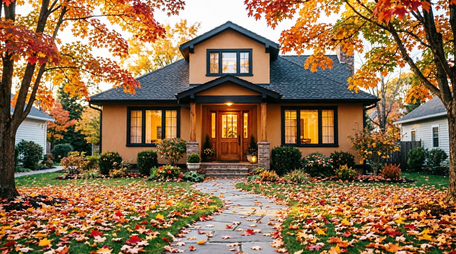 Maison entourée de feuilles d'automne en fin de journée